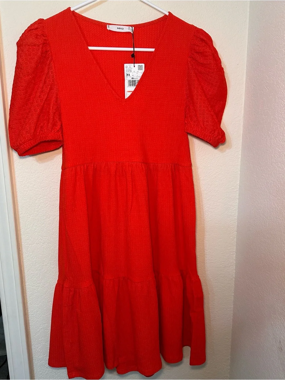 Mango Bright Red V-Neck Puff Sleeve Tiered Mini Dress | NWT | Size 2